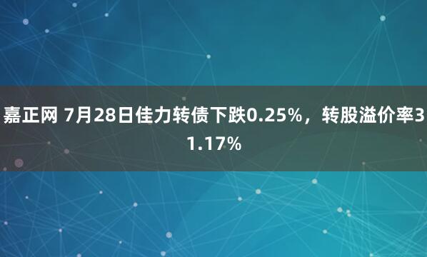 嘉正网 7月28日佳力转债下跌0.25%，转股溢价率31.17%